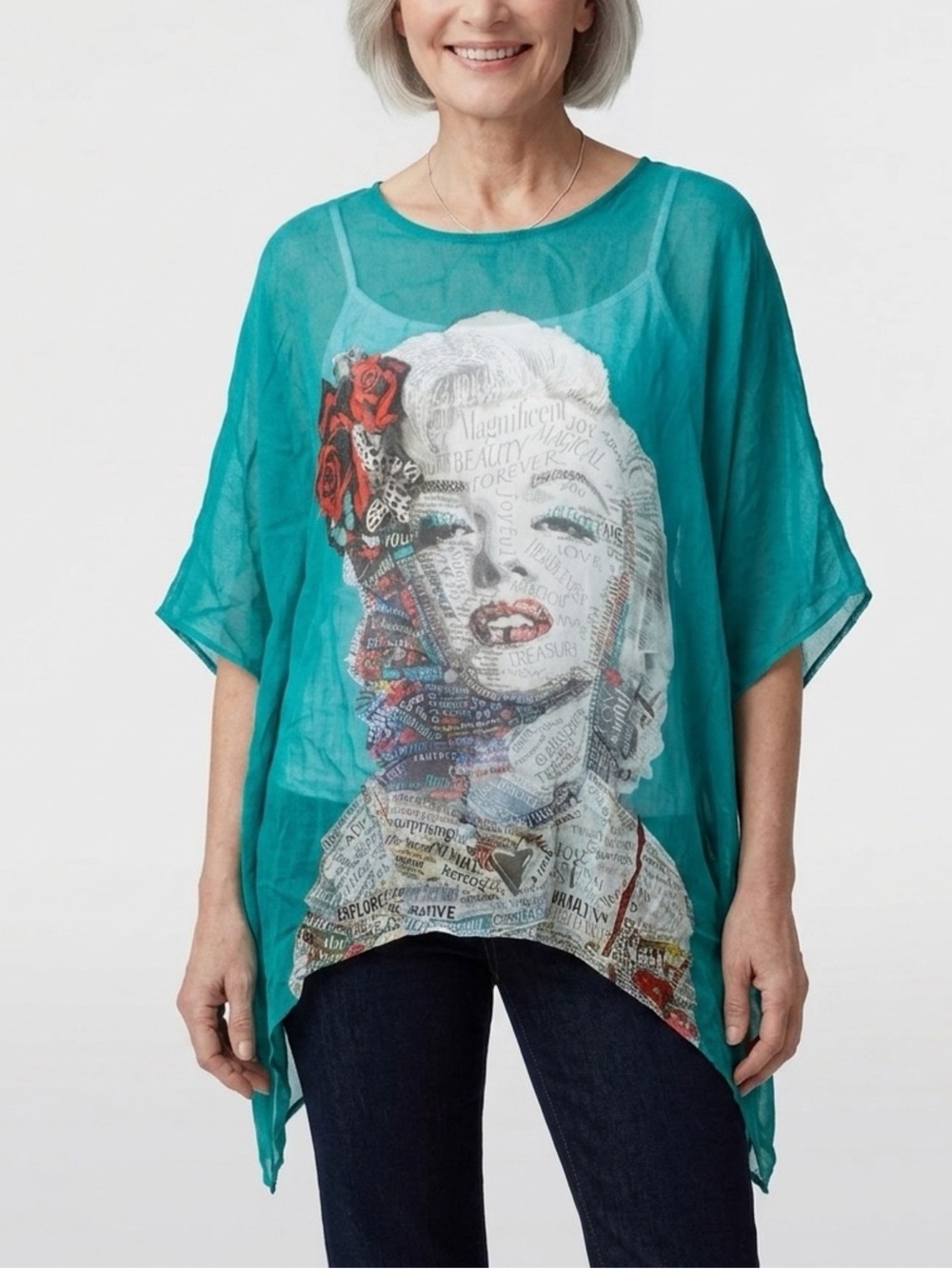 NWT Sterling Styles Silk Wearable Art Turquoise Top Art Pop Marilyn Monroe